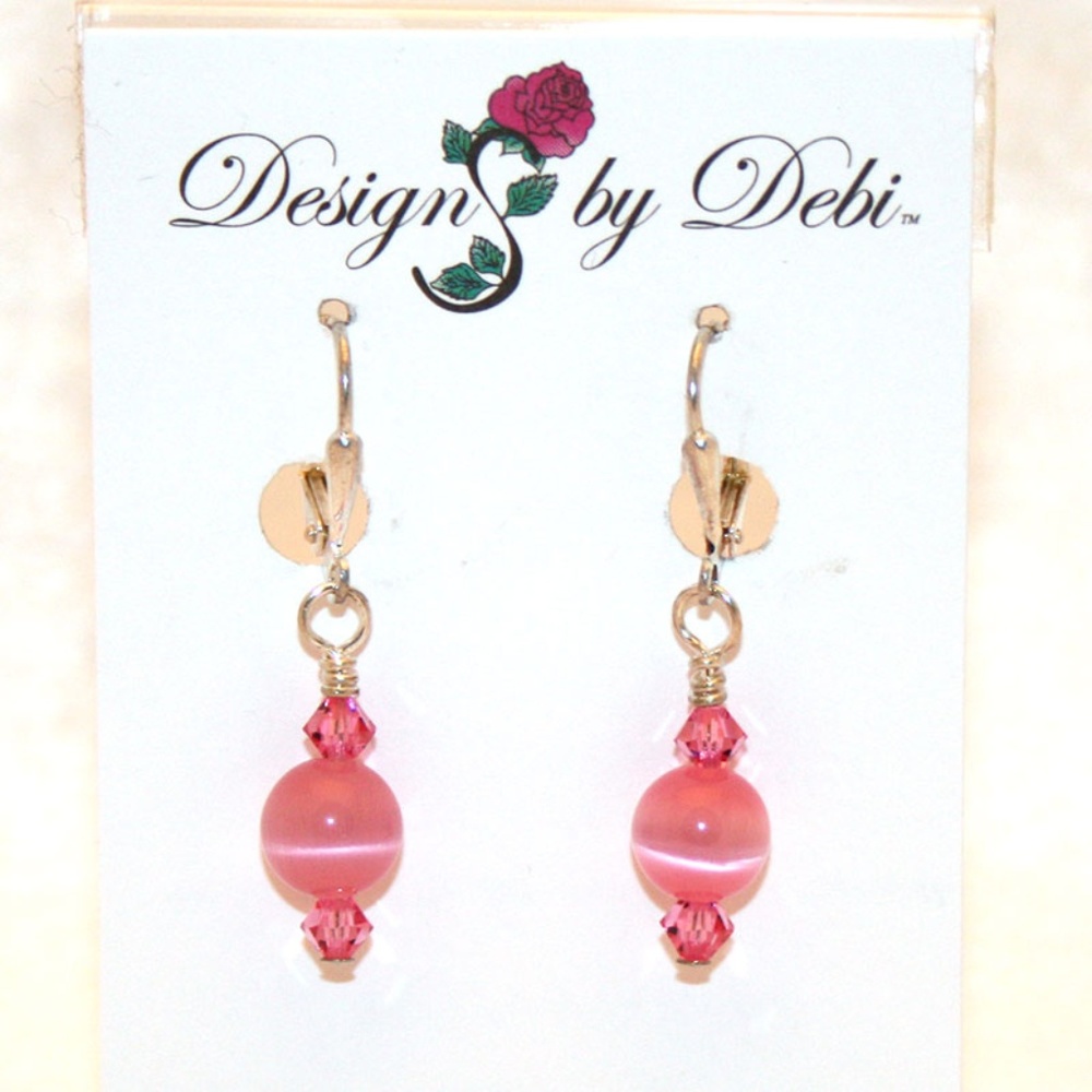 3/$25 Pink Cat's Eye & Crystal Leverback Earrings
